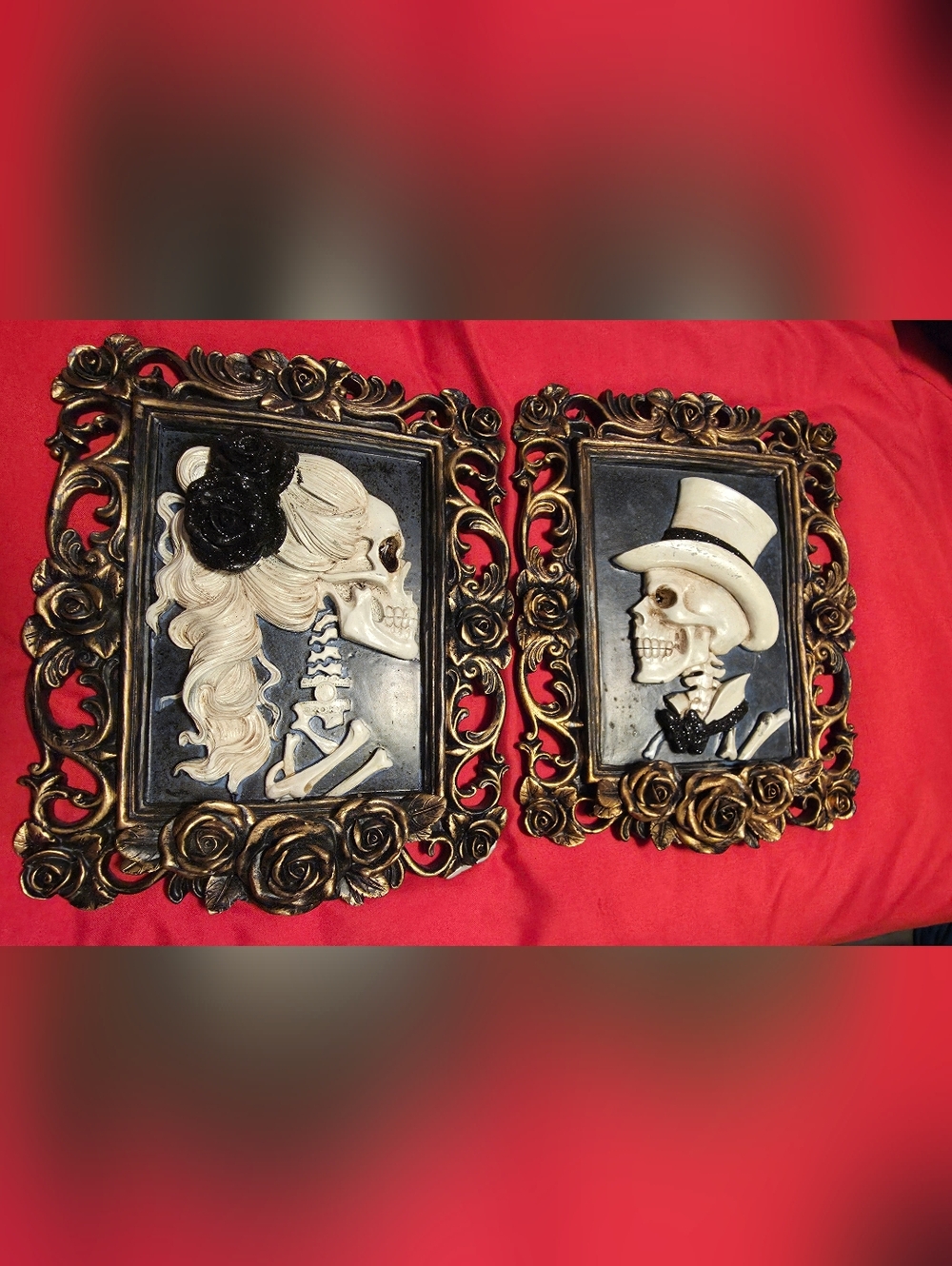 Pair of Gothic Skeleton Wall Plaques in Black and Gold.